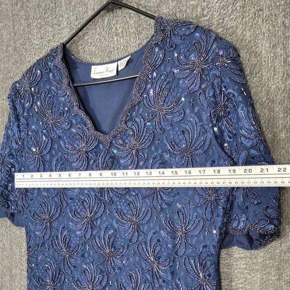 Laurence Kazar Blouse Womens M Blue Short Sleeve Sequin Beaded Shimmer Top - Picture 6 of 13